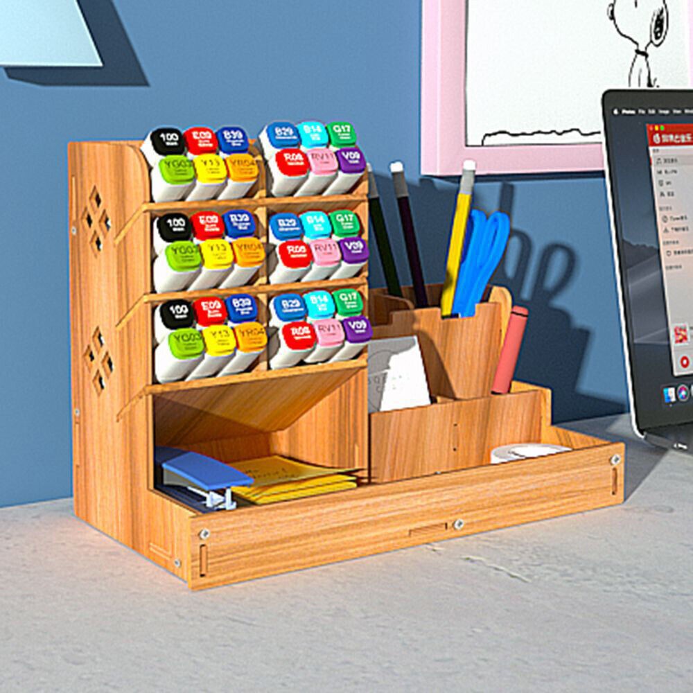 Multi-Level Wood Organization Rack Pencil Brush & Supply Holder Makeup Case