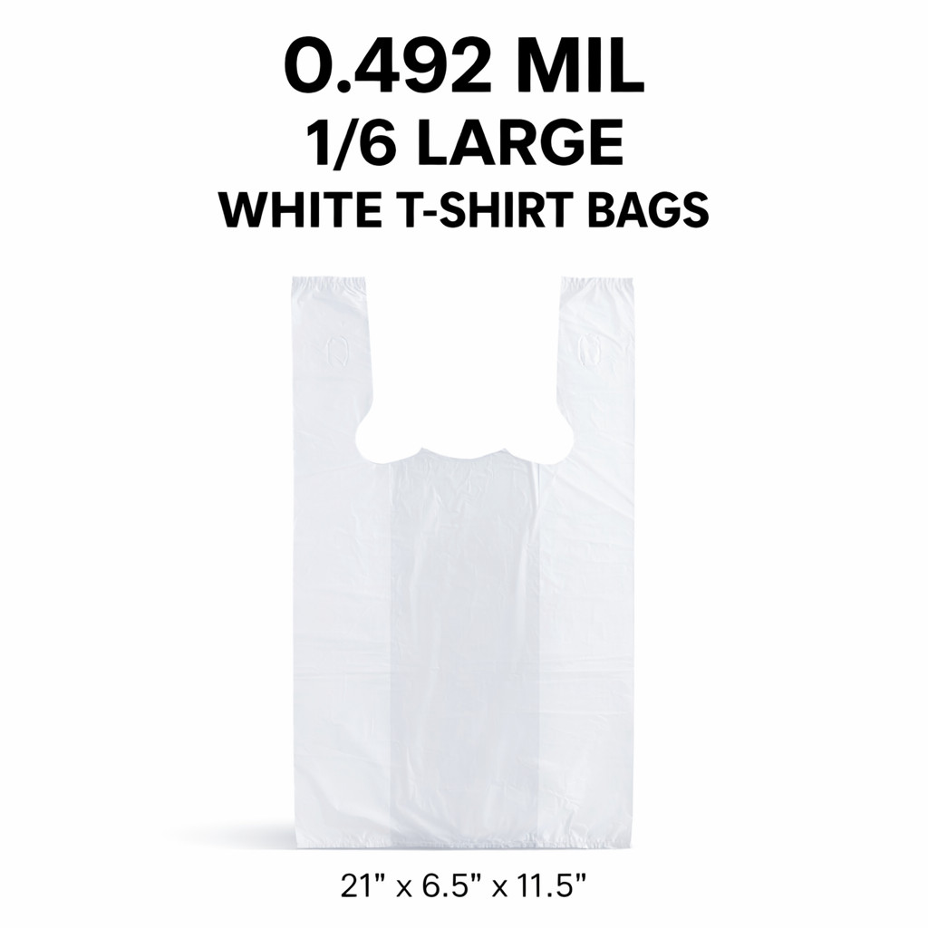 White T-Shirt Carryout Grocery Bags 1/6 Large 21×6.5×11.5 0.492 Mil