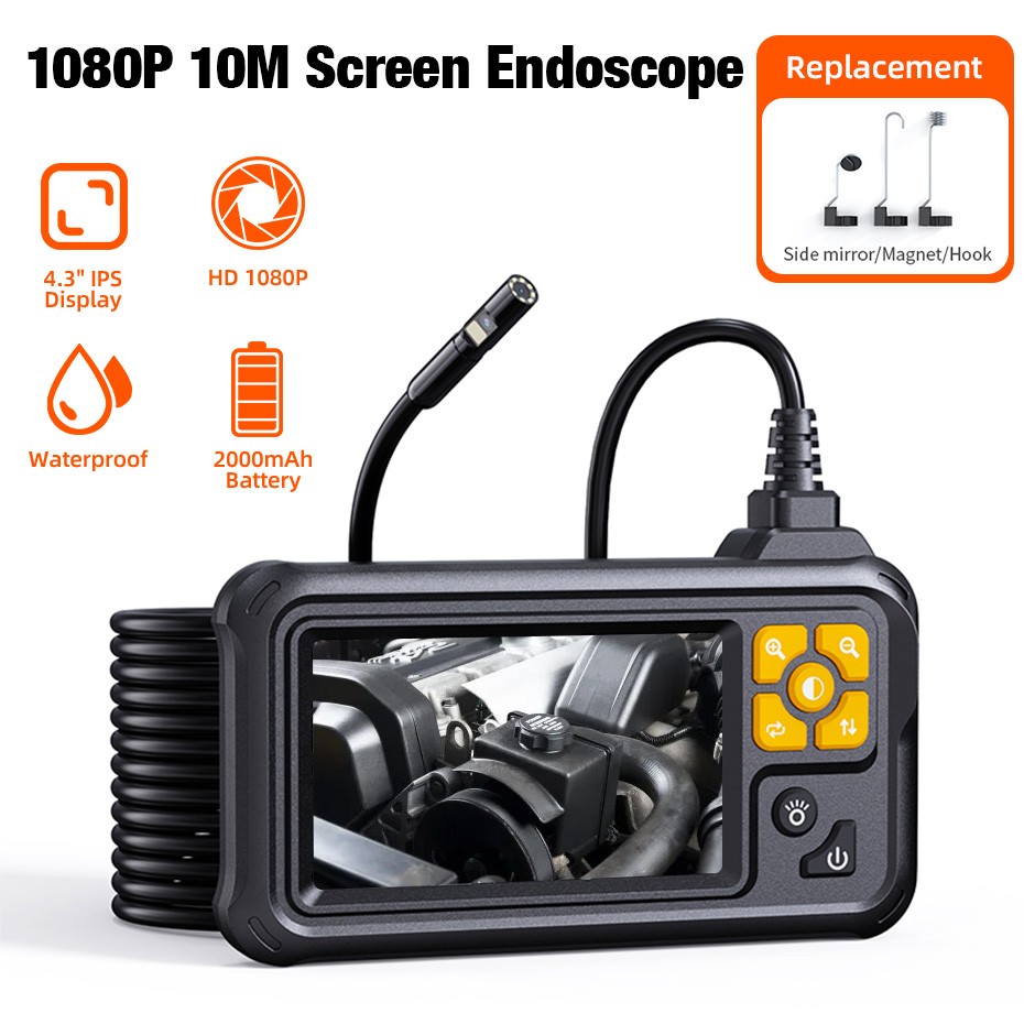 8LED IP67 Borescope Camera 10M/32.8Ft Flexible Cable 1080P HD 4.3 Inch Display