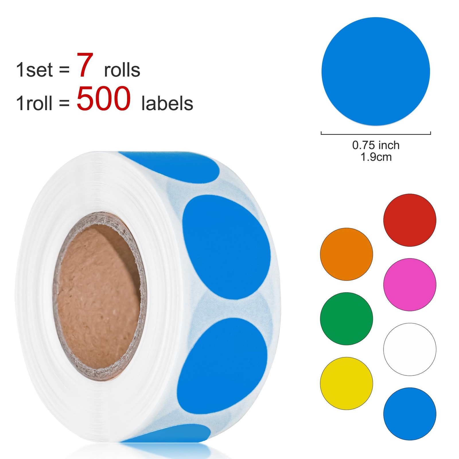 500 Labels Per Roll, 7 Colors Dot Stickers, 3/4 Inch Round Labels