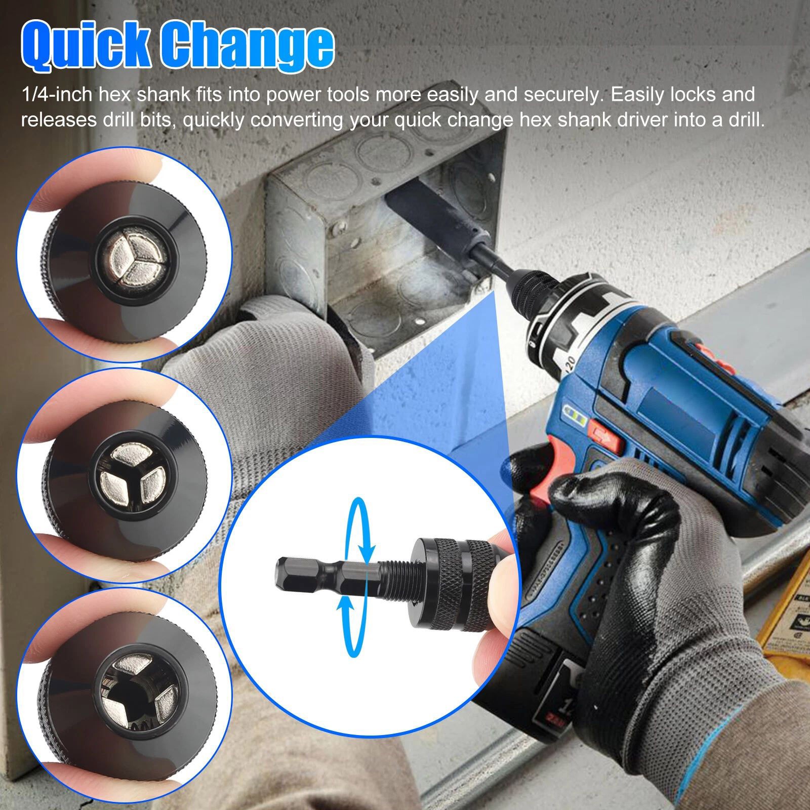 4Pcs 1/4″Hex Shank Keyless Drill Chuck Adapter Bit Quick Change Converter Driver