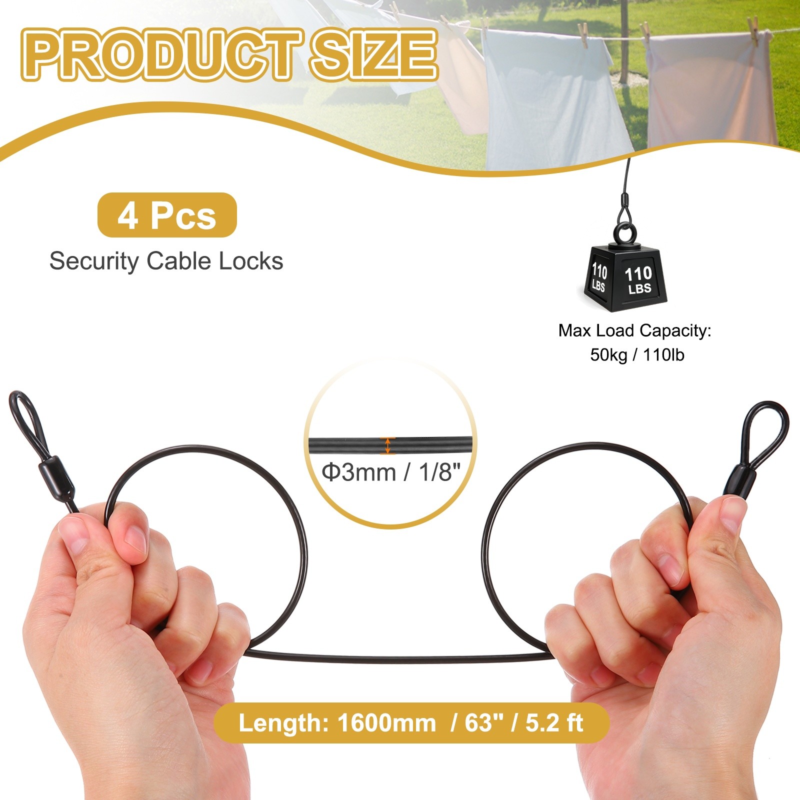 4pcs 1/8″ Dia 5.2ft Security Cable Lock Vinyl Coated Steel with Loops Black