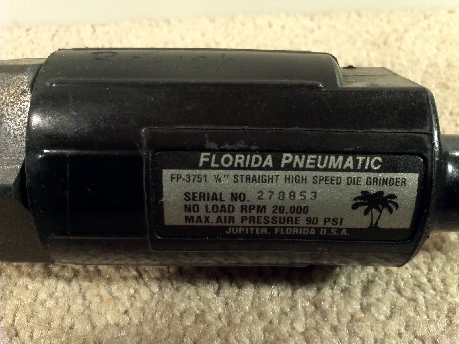 Florida Pneumatic FP3751 Straight 20,000 RPM Air Die Grinder Drill USA