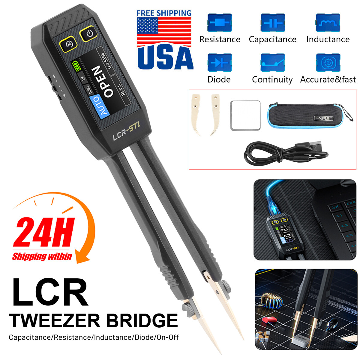 FNIRSI LCR-ST1 Mini Smart Tweezer LCR SMD ESR Tester Ohm Cap Inductance Diode Me