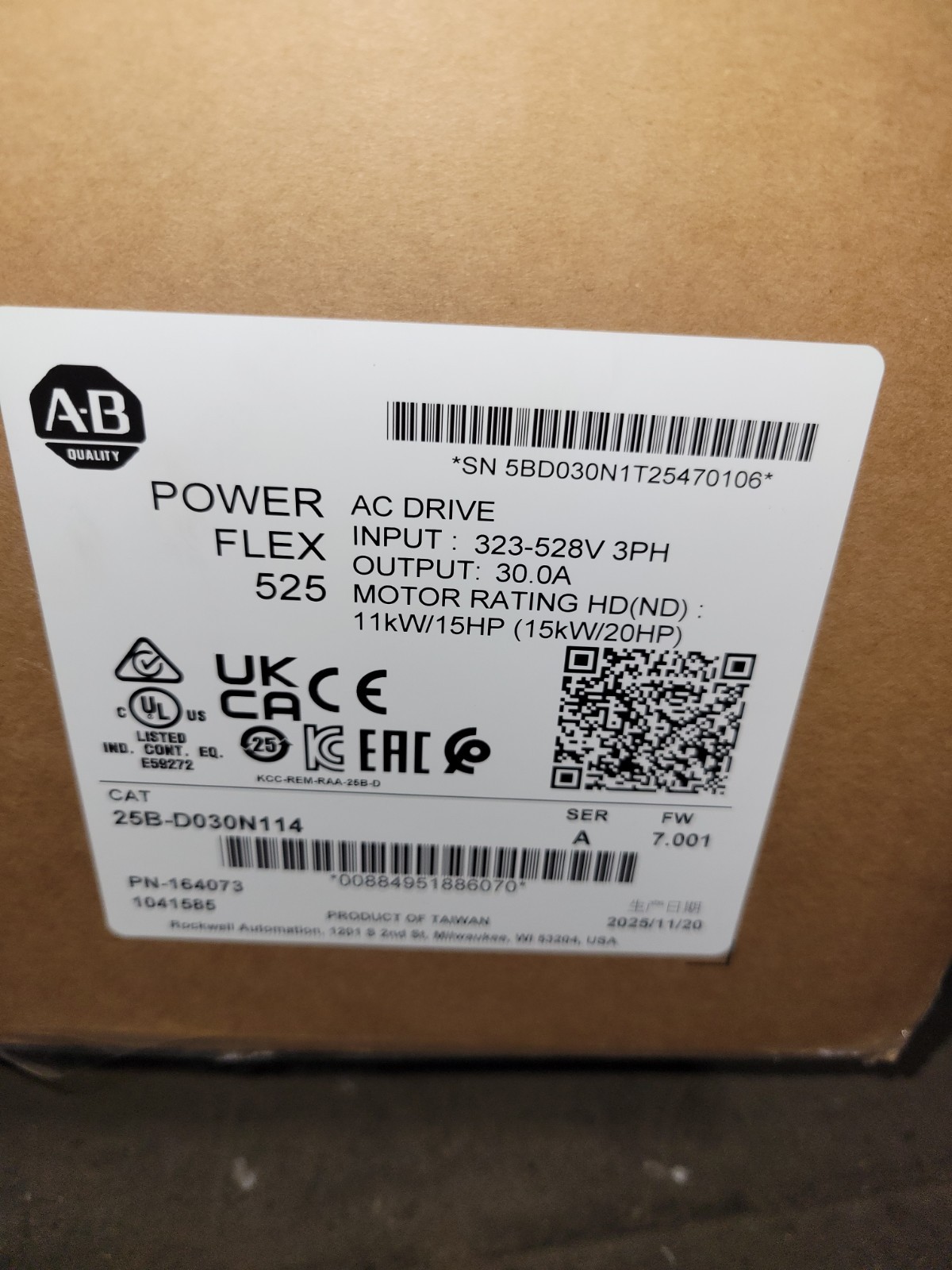 Allen Bradley 25B-D030N114 PowerFlex 525 15kW (20Hp) AC Drive 3 Phase