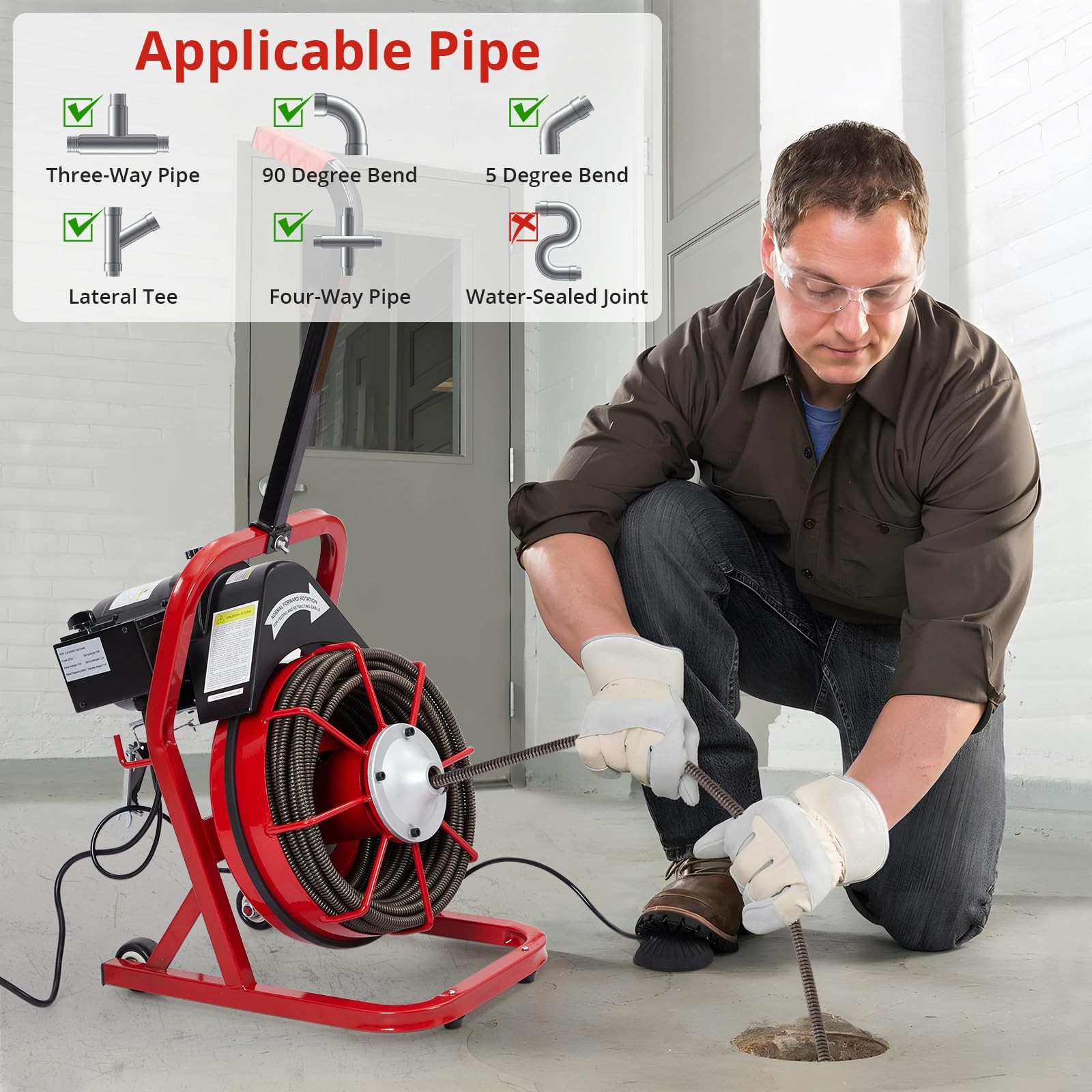 Drain Cleaner Machine Portable Electric Drain Auger Sewer Snake 75 Ft x 1/2 Inch