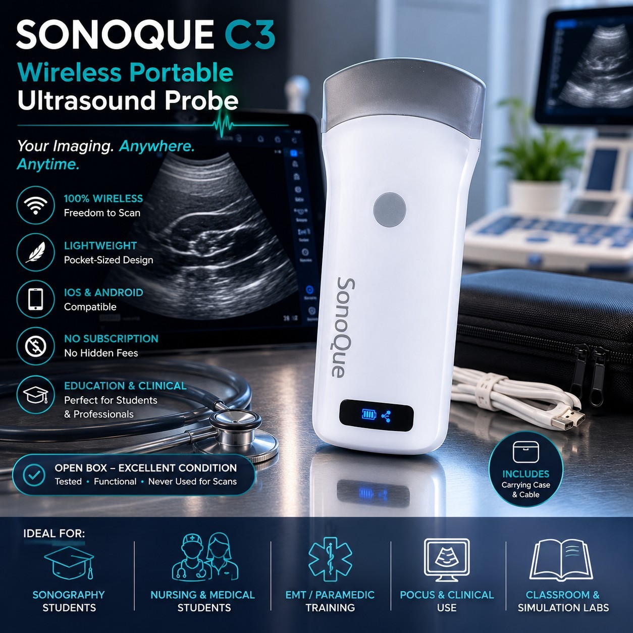SonoQue C3 Wireless Convex Ultrasound Probe for Medical Training Open Box