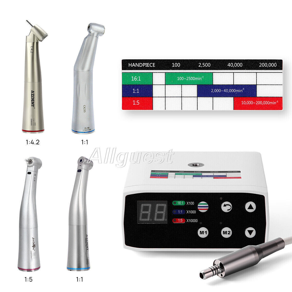 AZDENT Dental Brushless LED Micro Motor 1:1/1:4.2/1:5 Contra Angle Handpiece