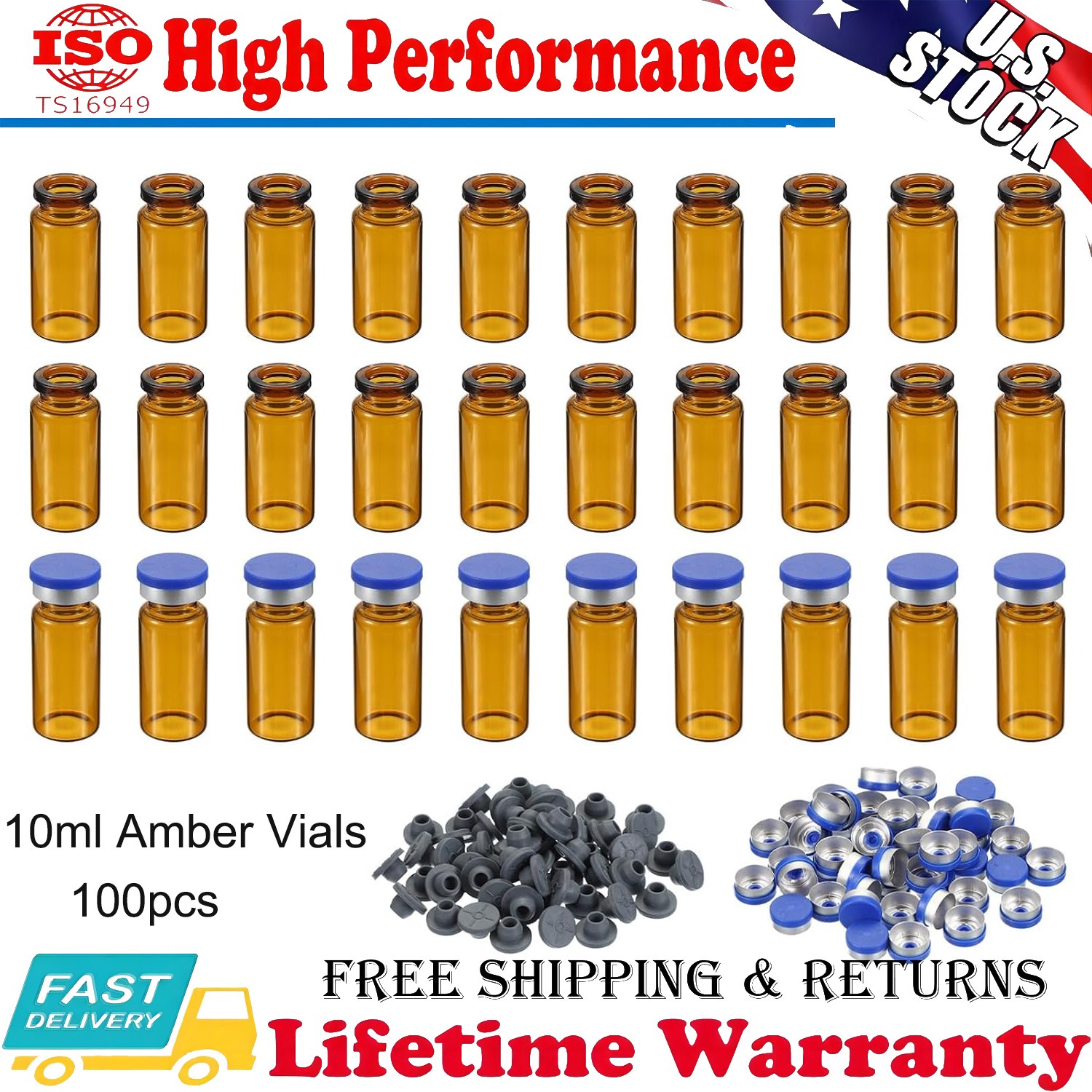 100x 10ml Glass Vials Amber Glass Headspace Vials Plastic-Aluminum Flip Off Caps