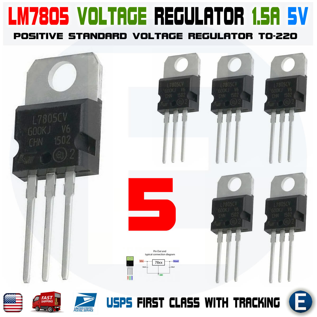 5 x LM7805 L7805 7805 IC Positive Voltage Regulator 5V 1.5A TO-220 USA