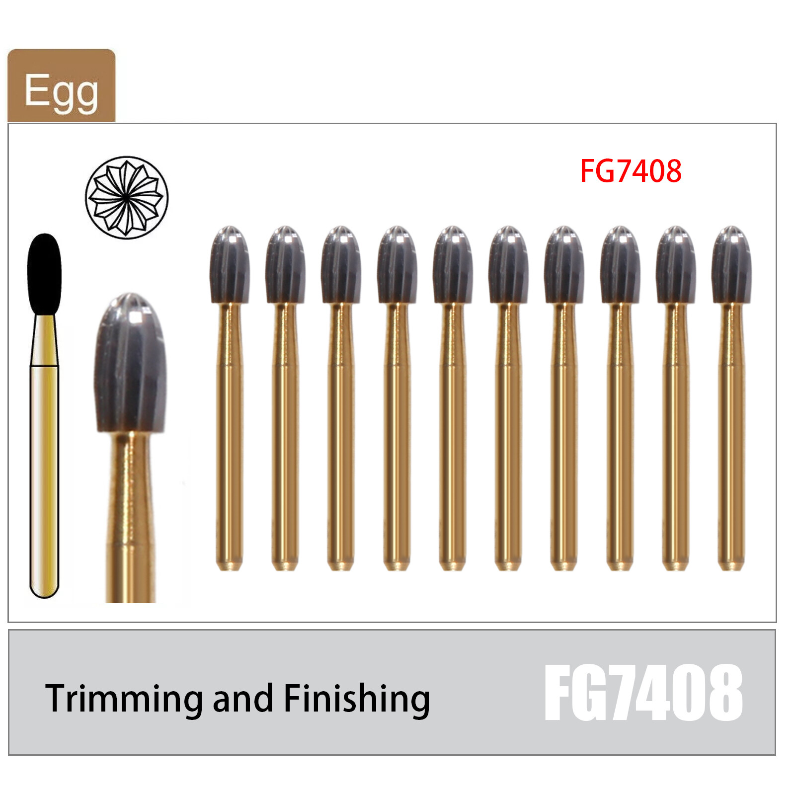 10X Dental Tungsten Carbide Burs Trimming Finishing Egg Football Bur FG 7408