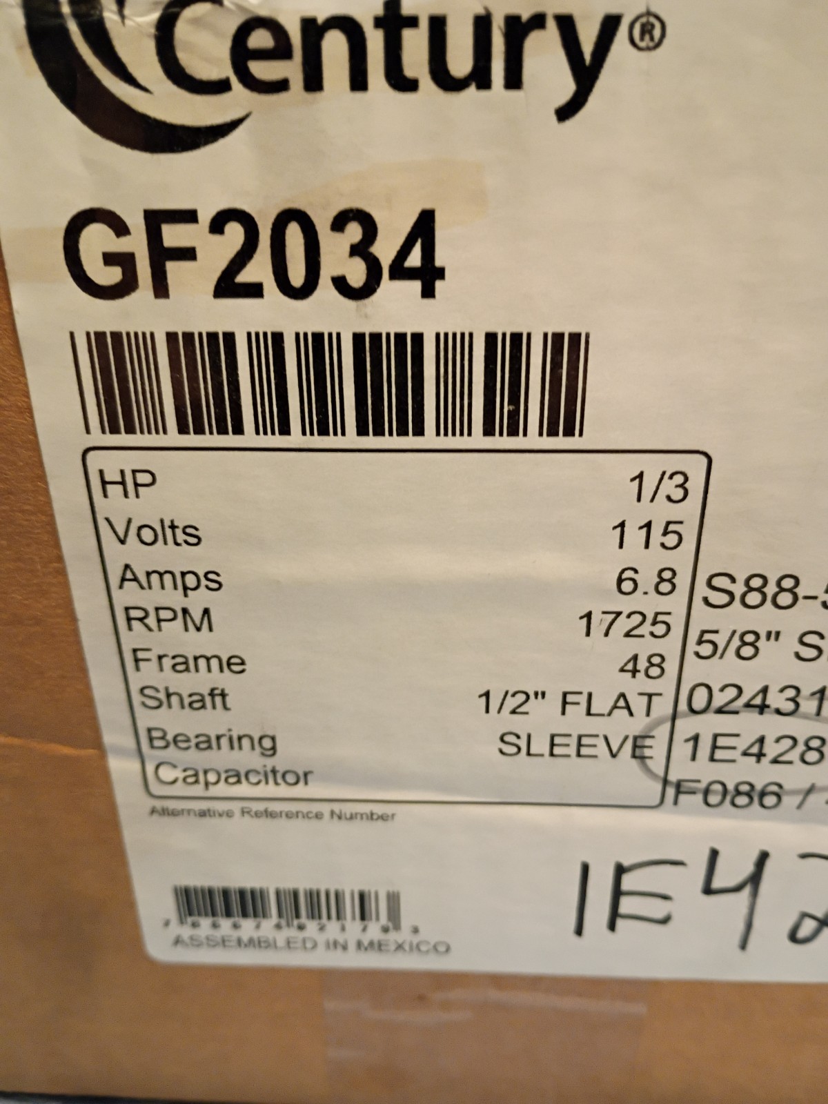 CENTURY GF2034 1/3 HP BLOWER MOTOR NEW IN BOX