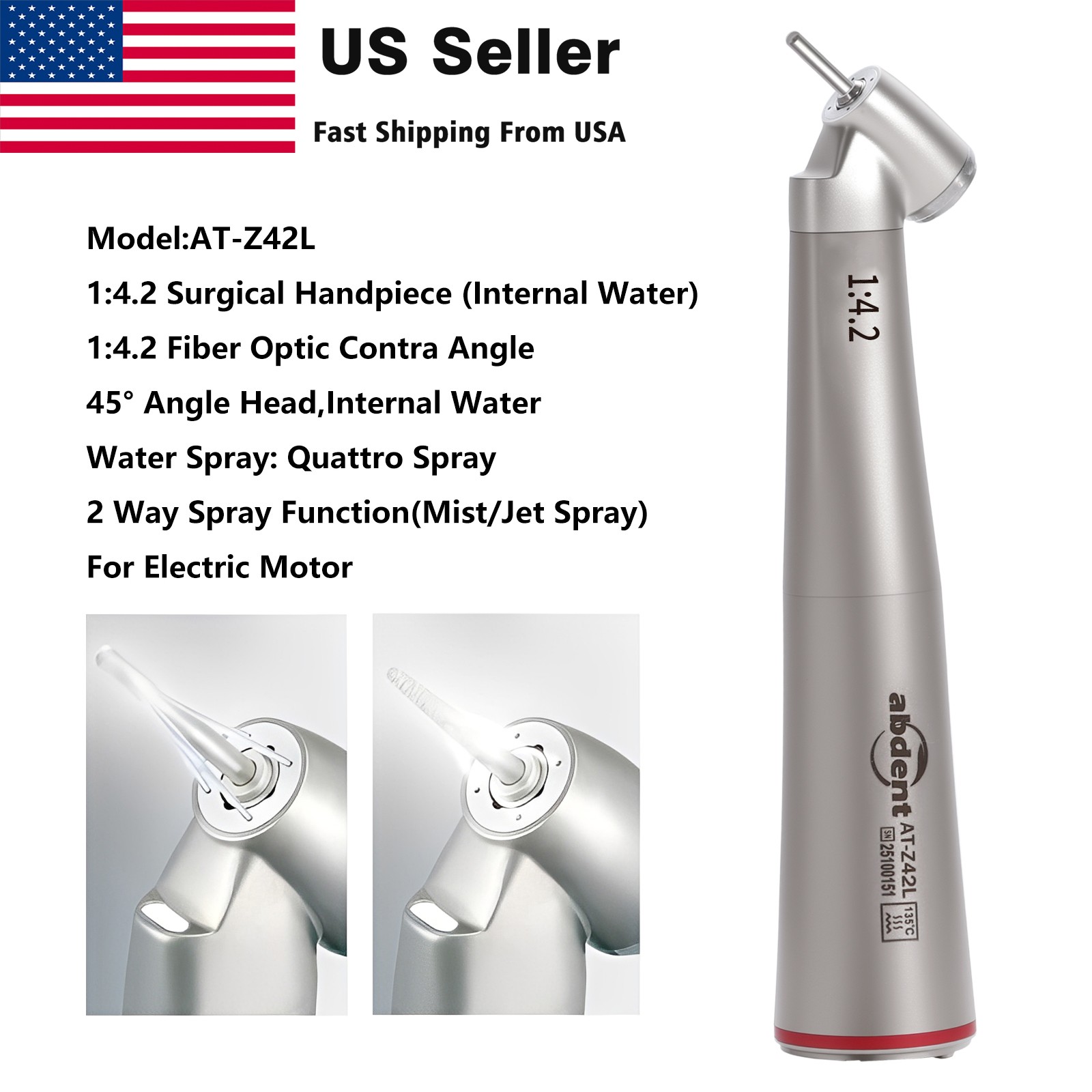 Dental 45° Electric Contra Angle LED Optic 1:4.2 Handpiece Quattro Spray