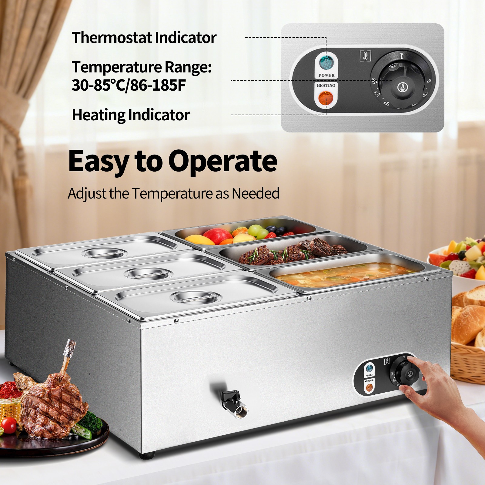 6-Pan 48Qt Commercial Food Warmer 1500W Steam Table Buffet Bain Marie Warmer