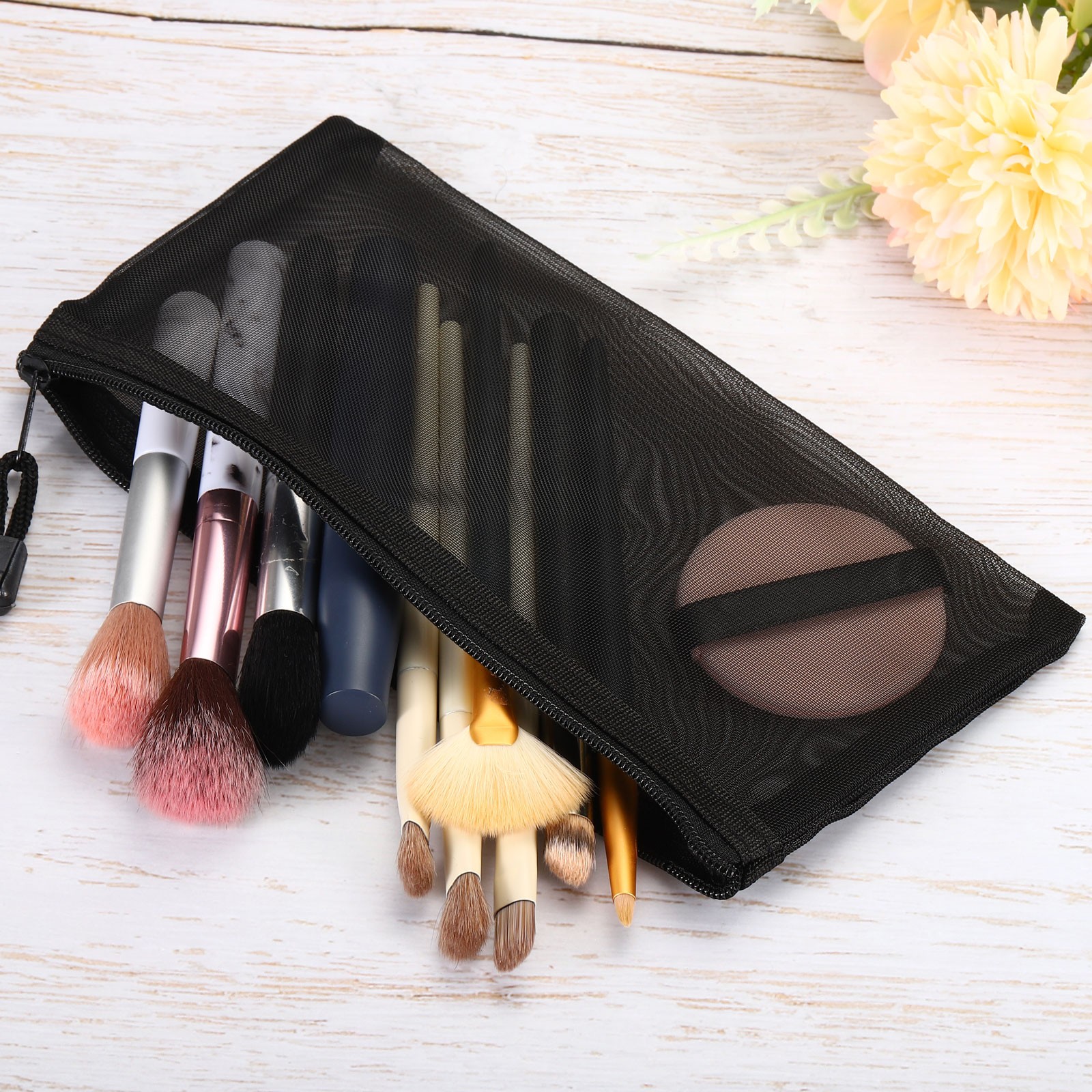 4Pcs, Mesh Zipper Bags A6 Travel Cases Nylon Makeup Pouches Black