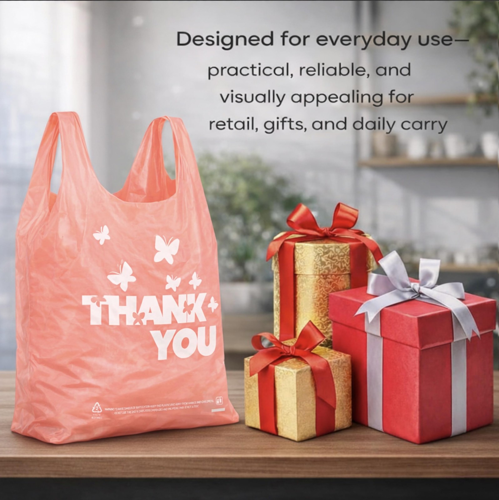 PINK Thank you bags, 100PCS T shirt To Go Bags,Grocery Large, Pink