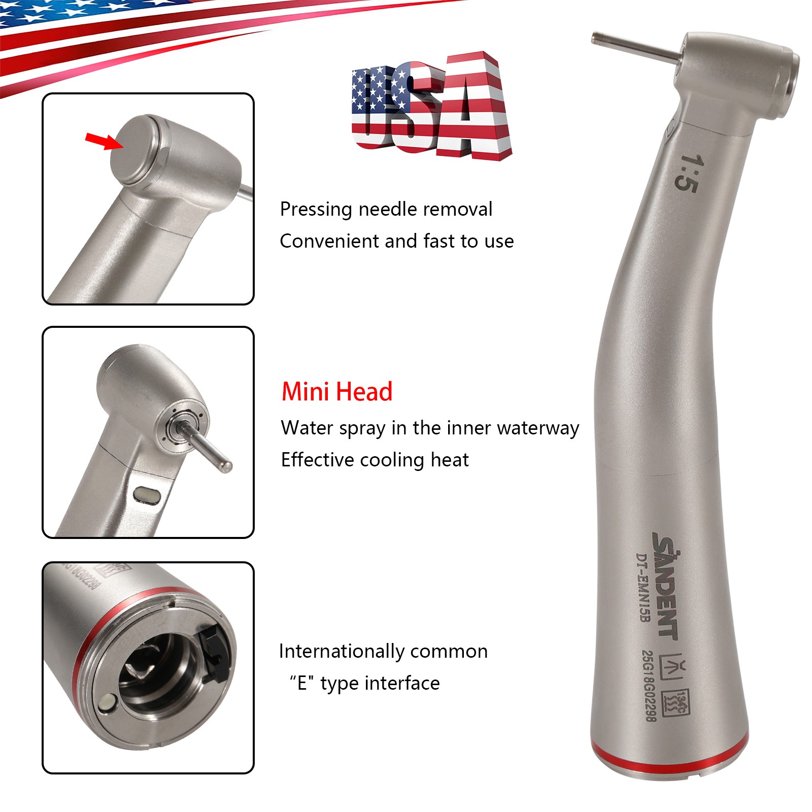 DT Dental 1:5 Mini Head Fiber Optic Contra Angle Handpiece LED Stainless Steel