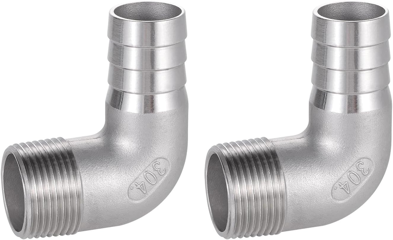 304 Stainless Steel Hose Barb Fitting, 1″ Hose Barb to 1″ NPT Male 90 Degree Elb