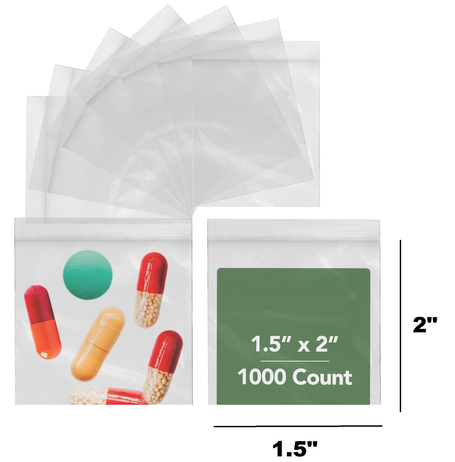 1.5 x 2 Inch Resealable Plastic Bags 1000 Pack Reclosable Mini Bags with Zipper