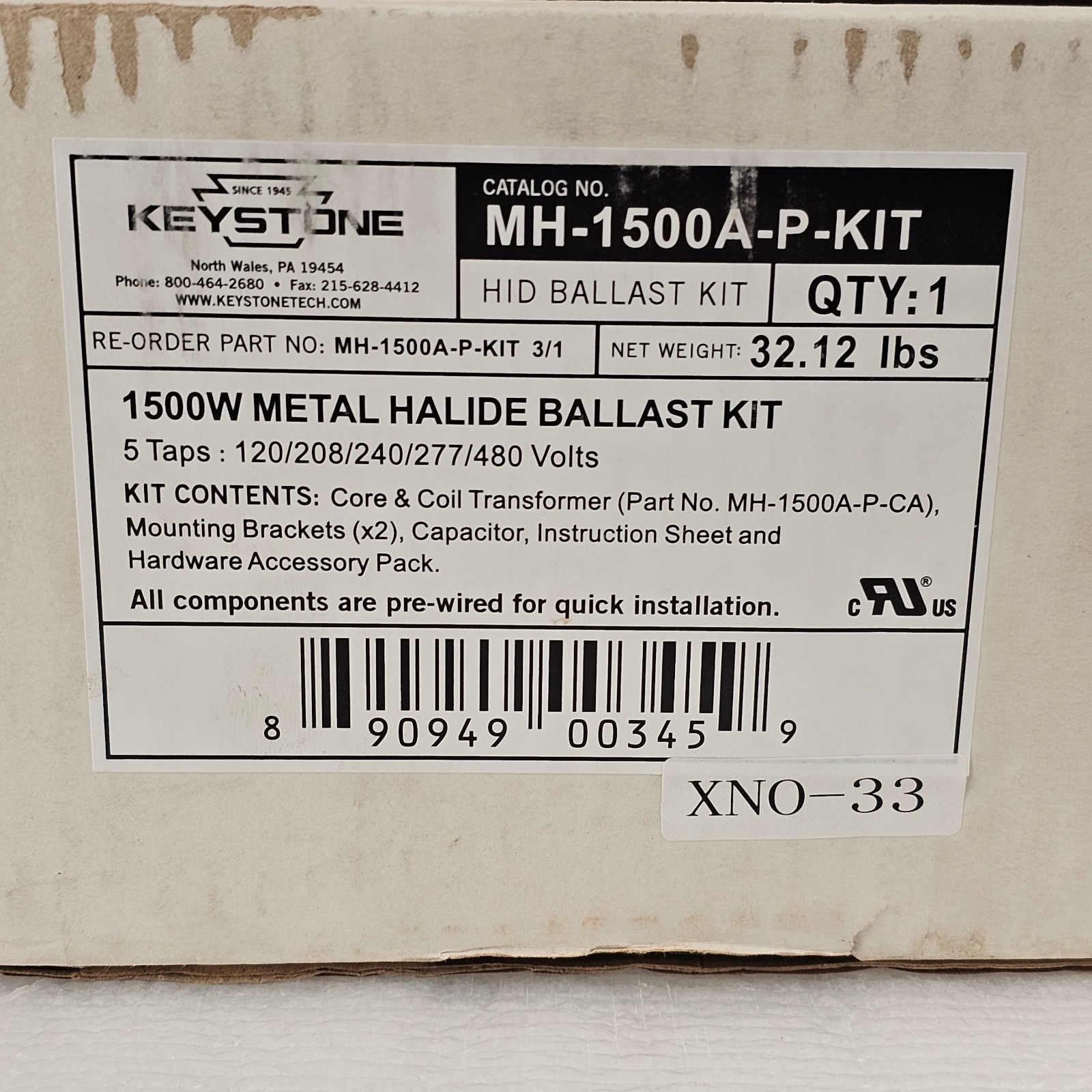 Keystone MH-1500A-P-KIT 5 Tap 1500W 120/208/240/277/480 Metal Halide Ballast
