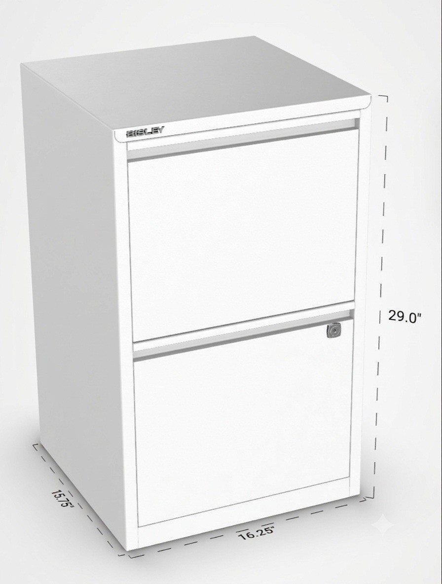 Bisley 2 Drawer Locking Metal Vertical File Cabinet – Powder Coated White – NEW
