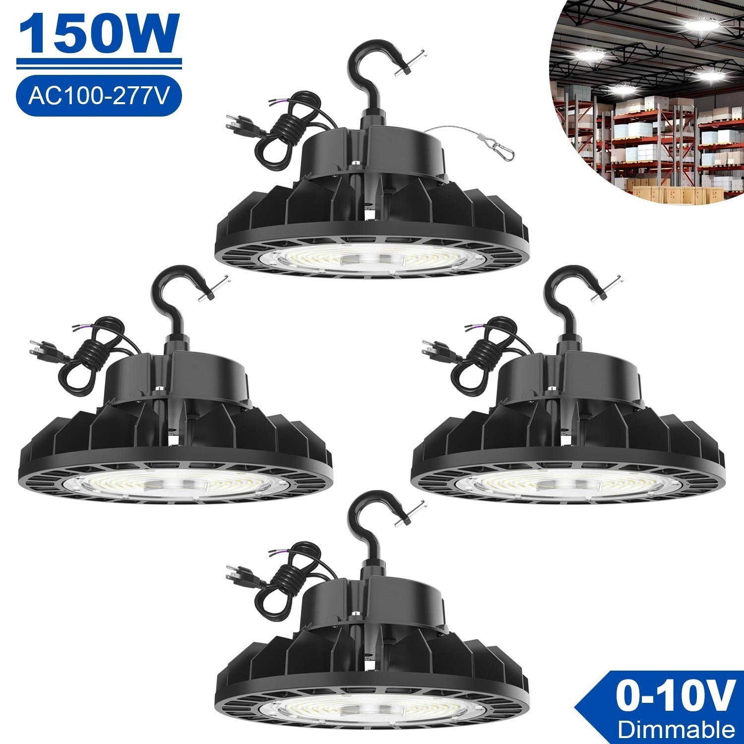 US Plug LED High Bay Light Dimmable AC100-277V 150W Warehouse Shop Barn (4 Pack)