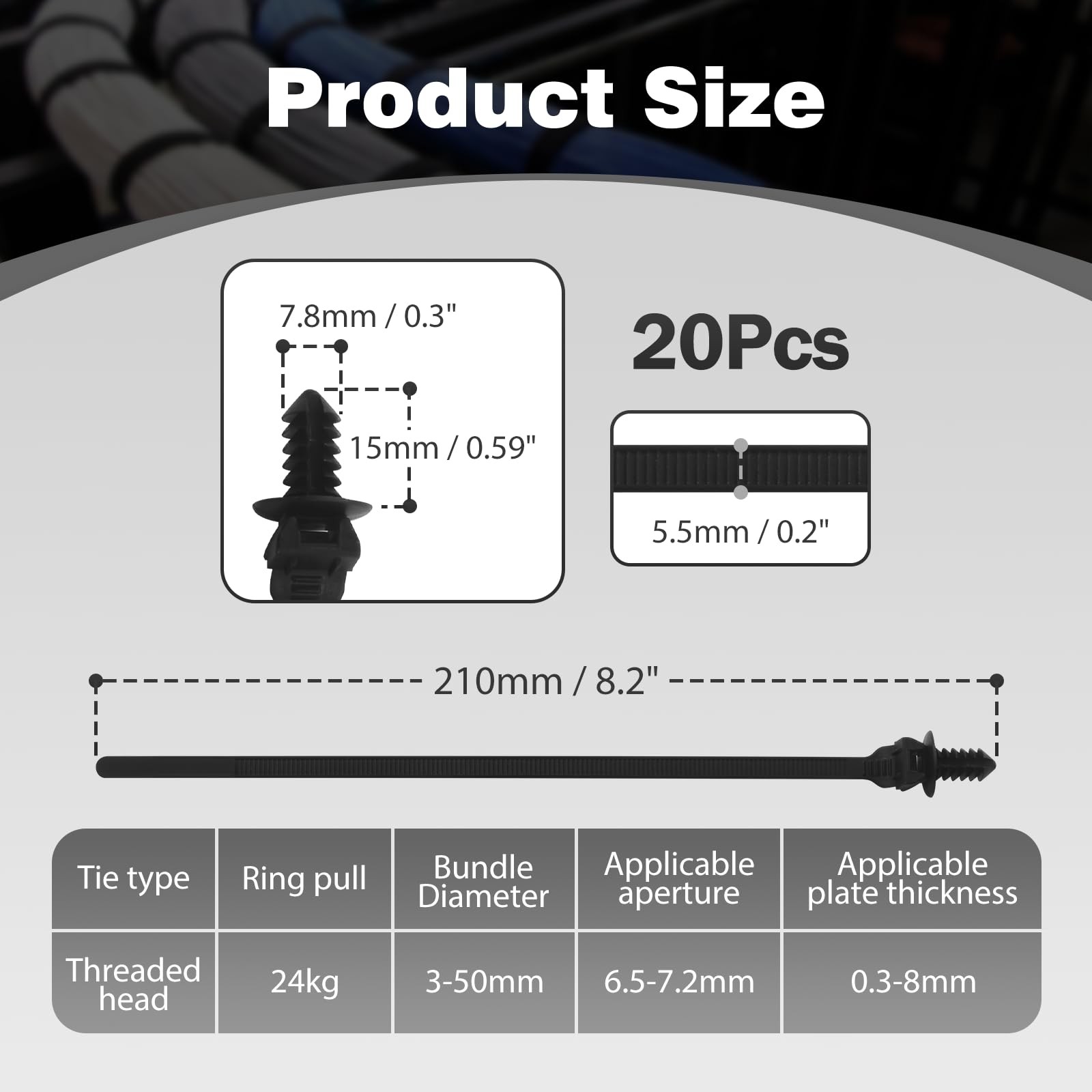 LOLOLE 20PCS Push Mount Cable Zip Tie 8.3 x 0.2 inch Self Locking 20 Pcs