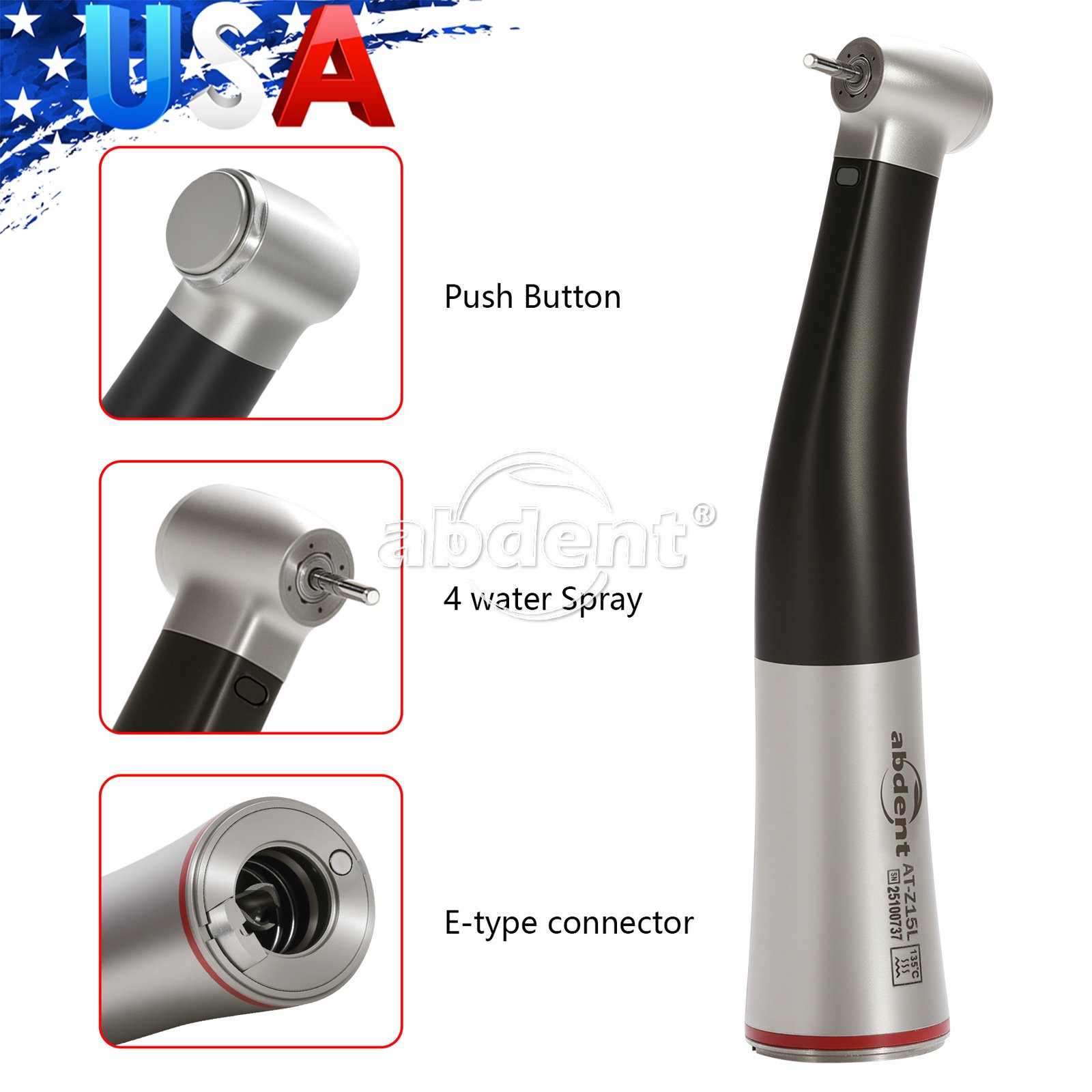 Abdent Dental 1:5 Fiber Optic Contra Angle Handpiece 4 Spray for E-type Coupler