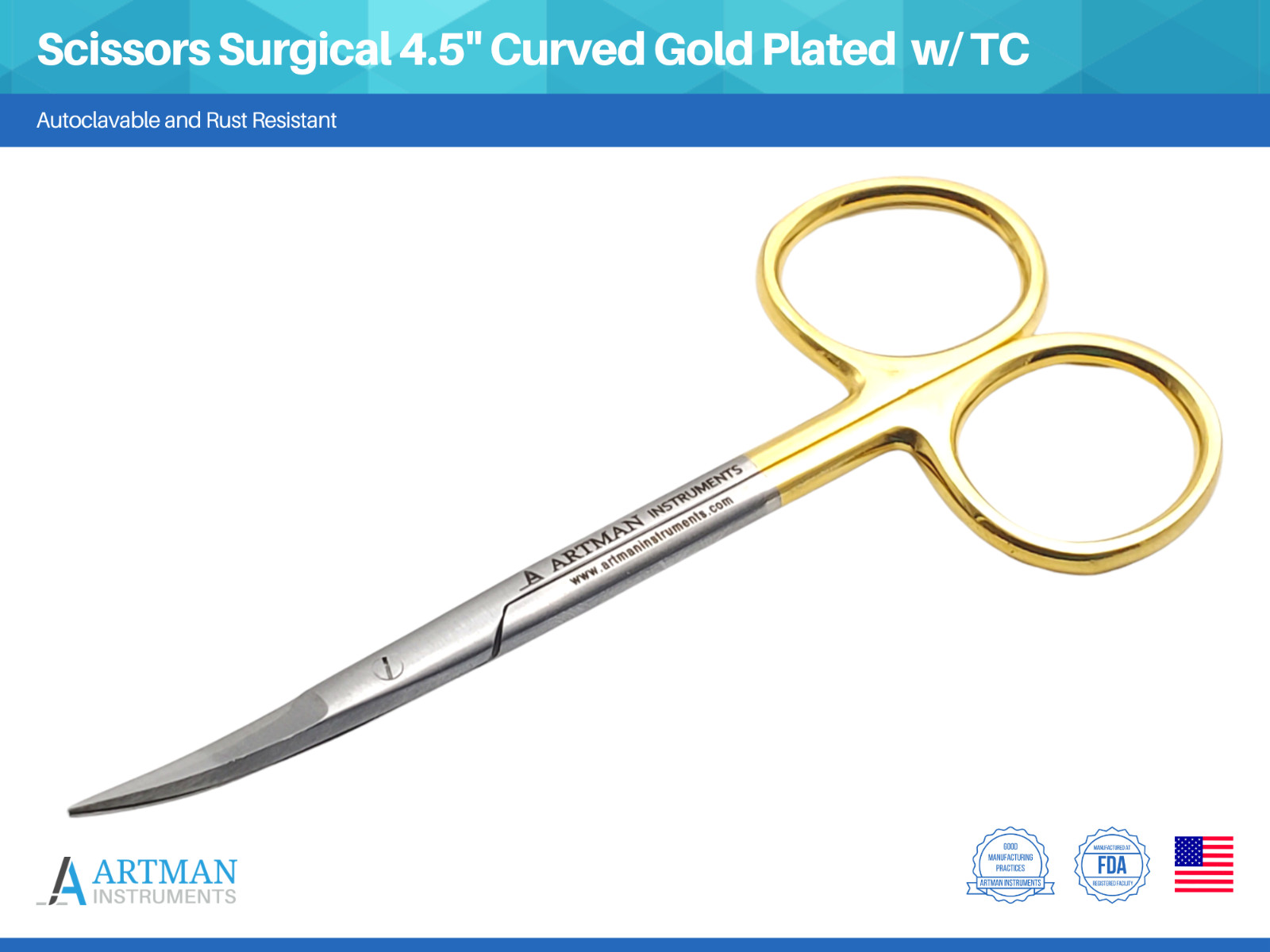 Scissors Surgical 4.5″ Curved Gold Plated Handle w/ Tungsten Carbide ARTMAN