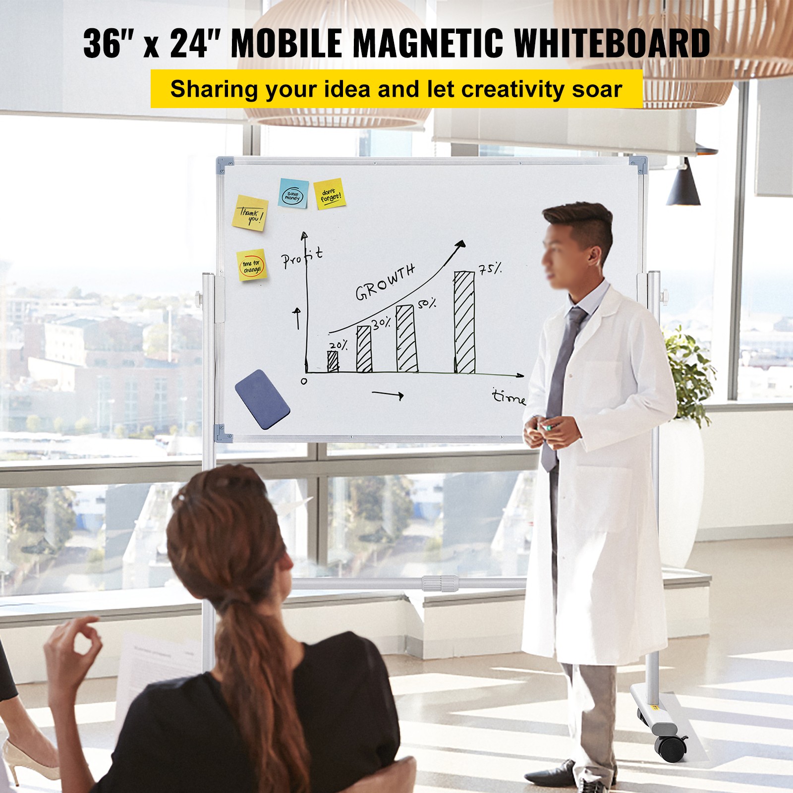 VEVOR Double Sided Magnetic Whiteboard 36″ x 24″ Mobile Dry Erase Board w/Stand