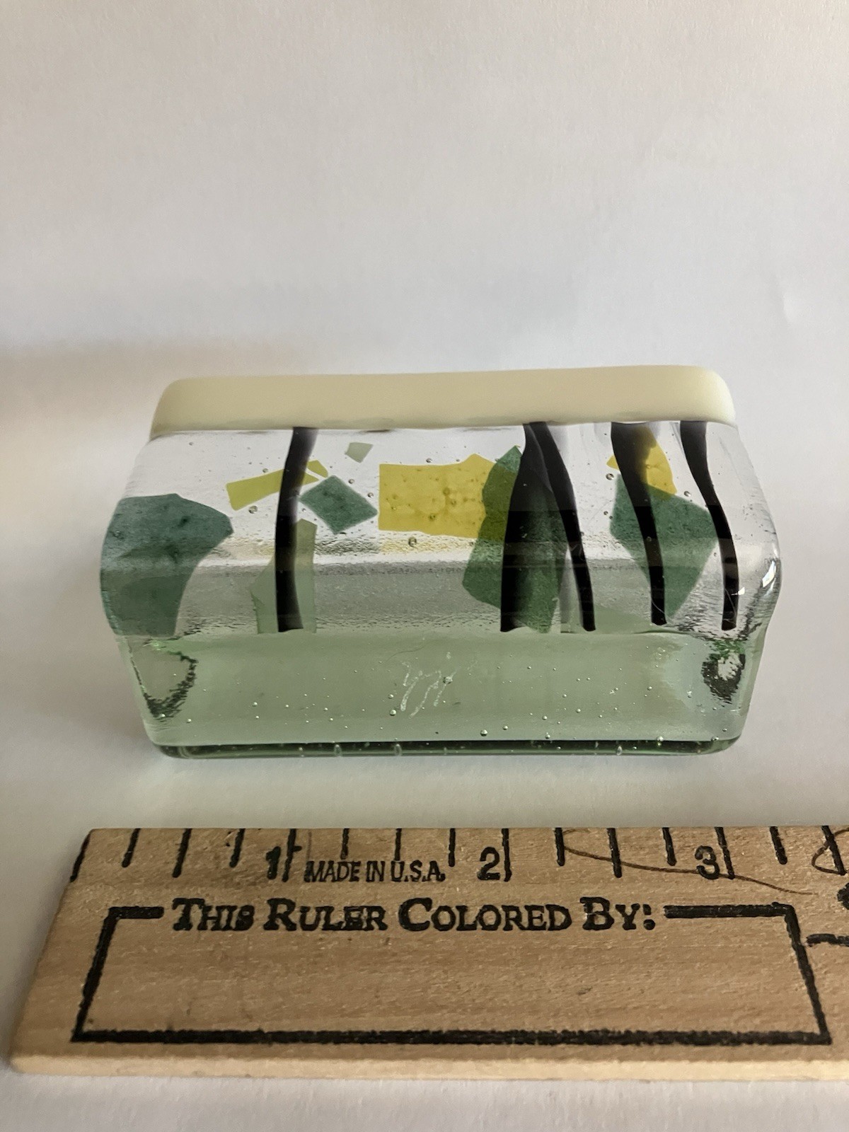 Fused Glass Dichroic Green, White, Yellow, Black Signed Business Card Holder 3″