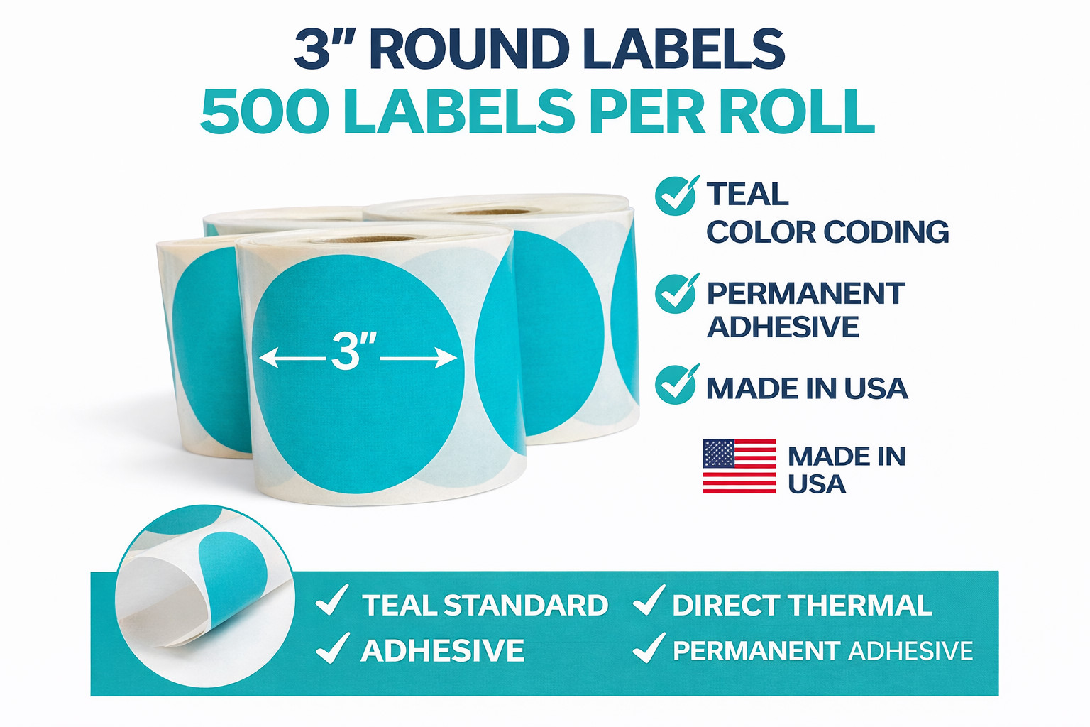 Direct Thermal Labels- 3″ Round Teal Colored 500 Labels per roll, 1-12 Rolls