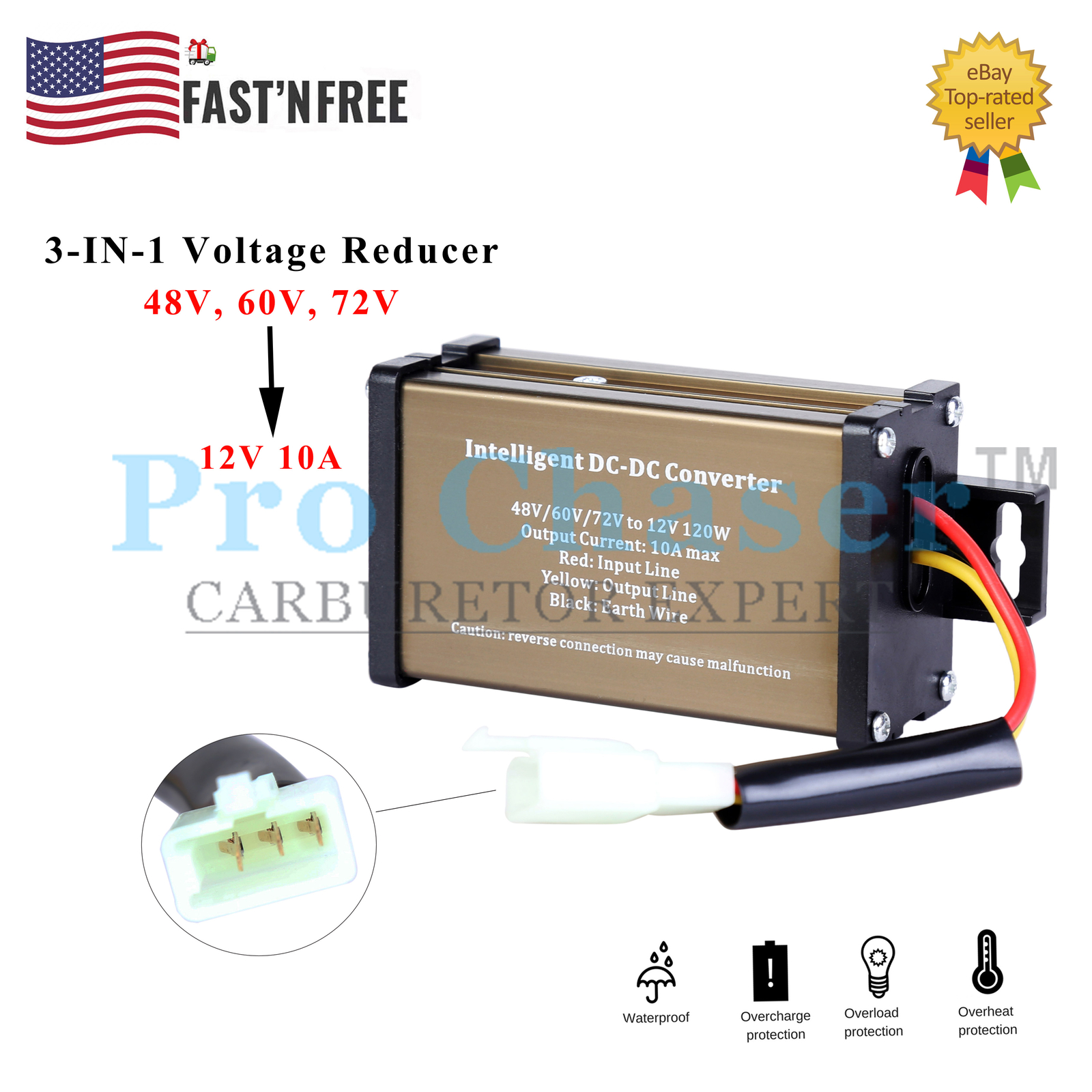 Ebike electric bicycle DC-DC Converter Adapter 48V 72V TO 12V 10A