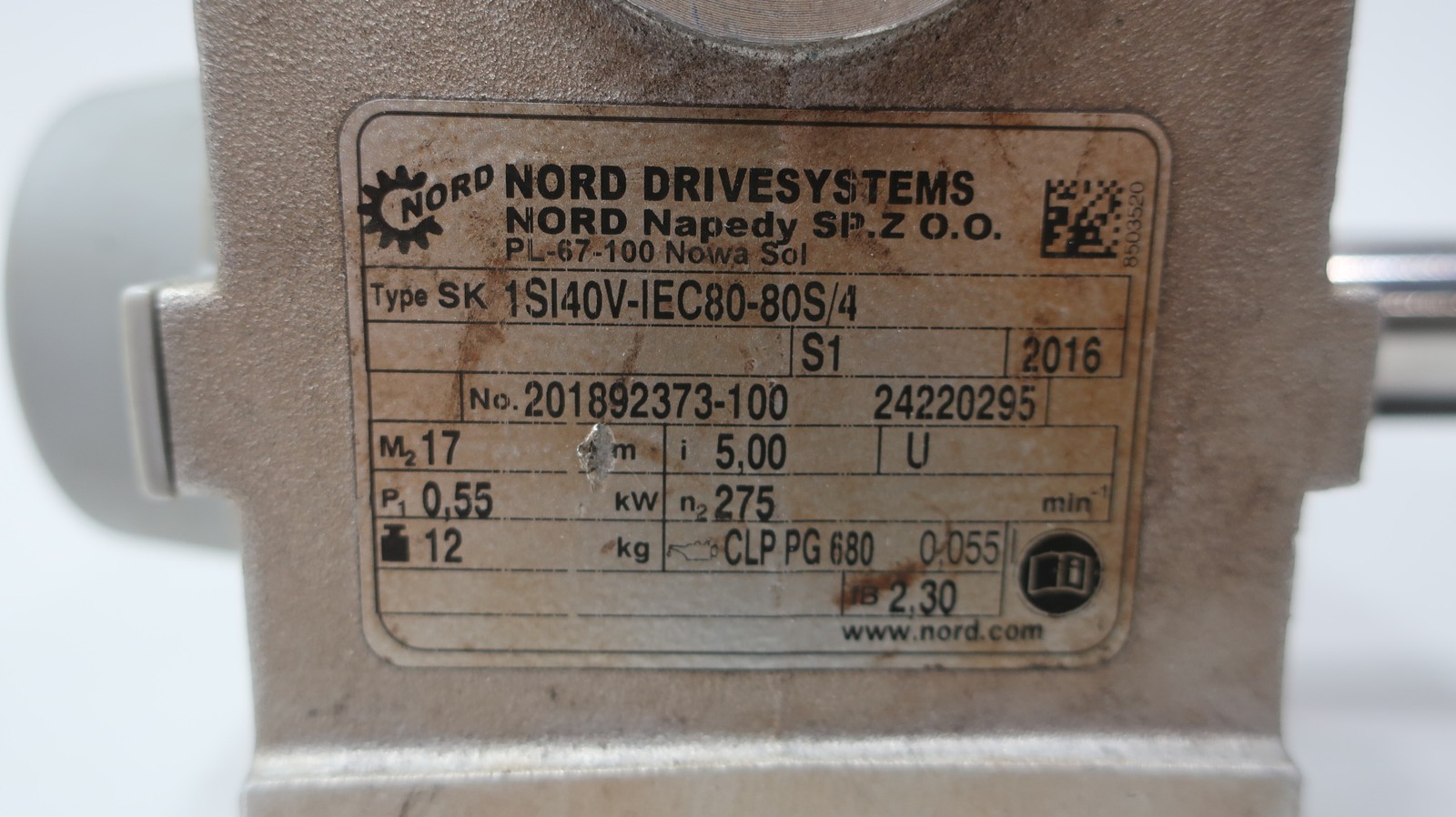 Nord SK1SI40V-IEC80-80S/4 Gearmotor 275rpm 0.63kw 230/460v-ac 3ph