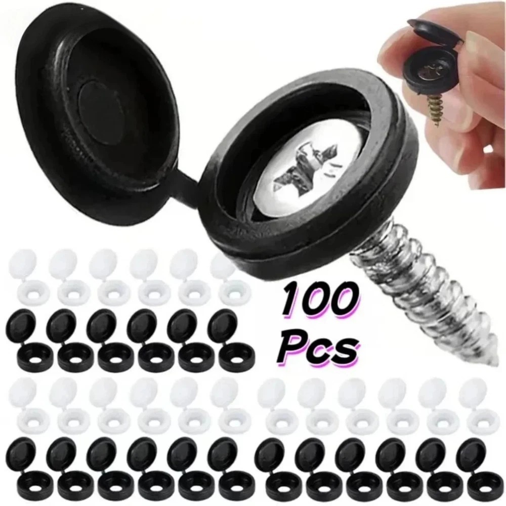 100 Pcs Black Hinged Screw Cover Caps – Snap Flip Tops w/ Washers Small