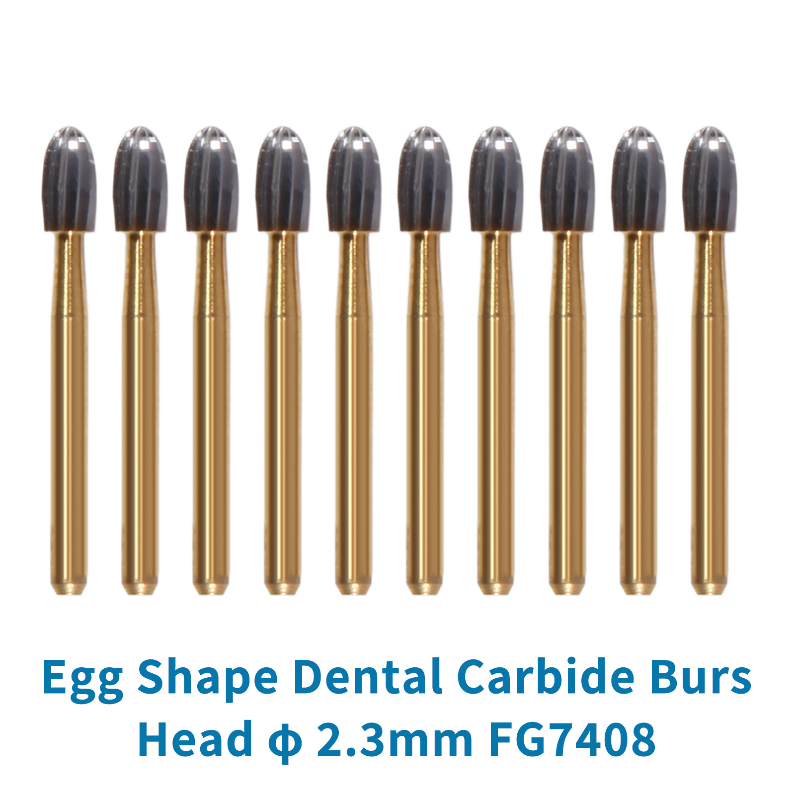 10Pcs Dental Trimming+Finishing Carbide Burs Egg Shape Football Gold FG7408
