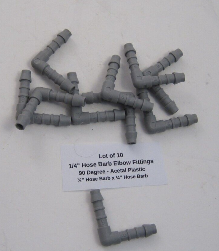 Lot of 10 1/4″ Hose Barb Elbow Fittings – 90 Degree – Acetal Plastic – 1/4″ Barb