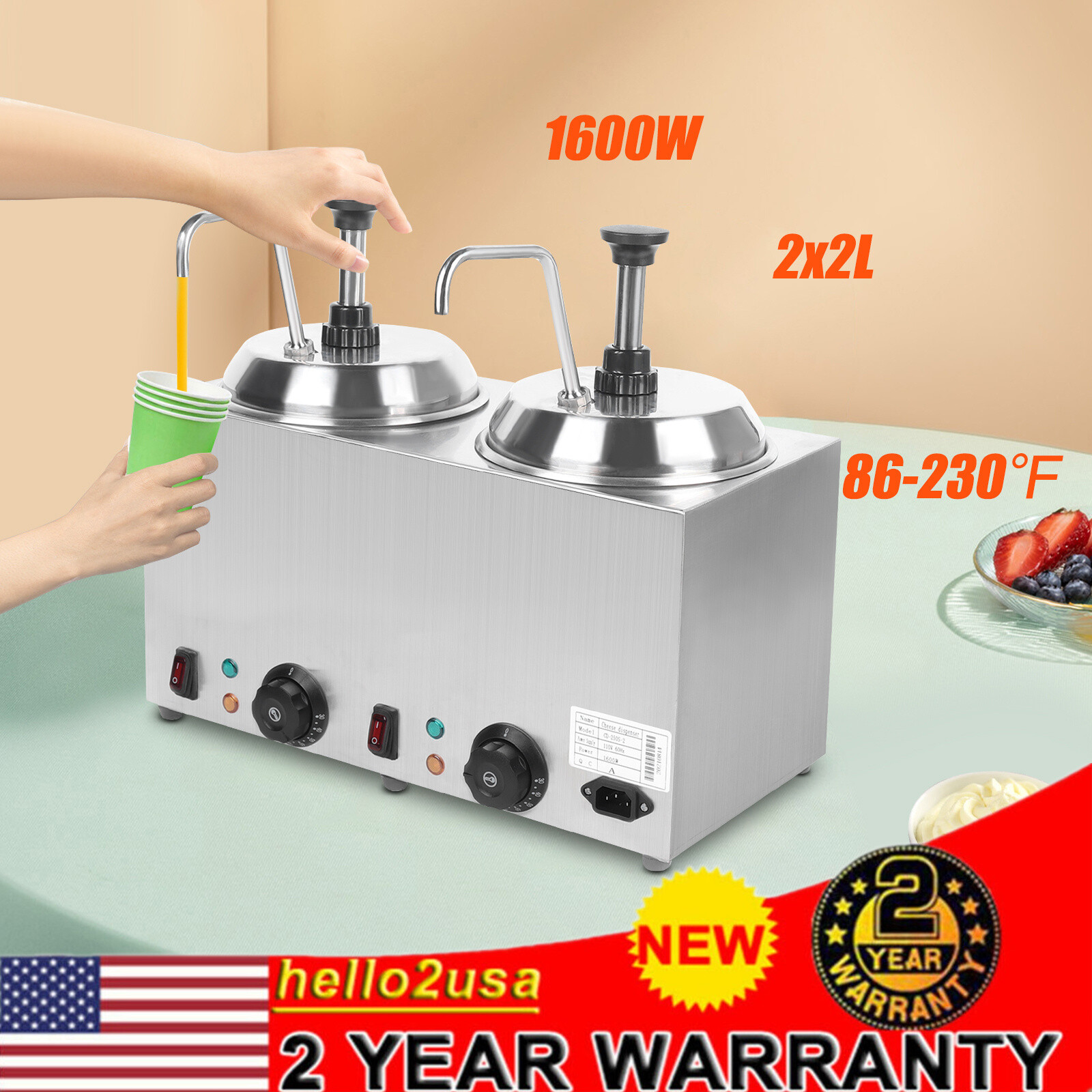 Commercial Hot Fudge Warmer Nacho Cheese Sauce Warmer w/ Pump Dispenser 1600W