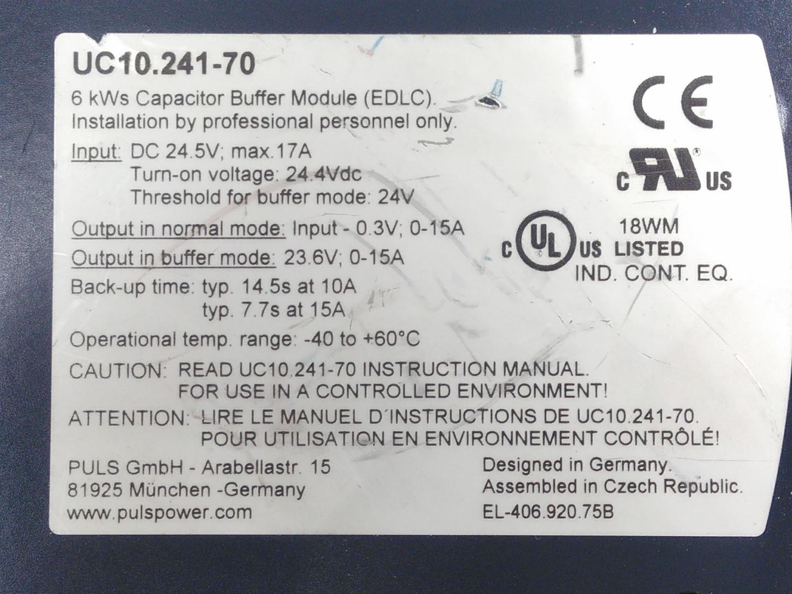 PULS Dimension UC10.241-70 DC-UPS with Capacitor Storage Untested AS-IS Parts
