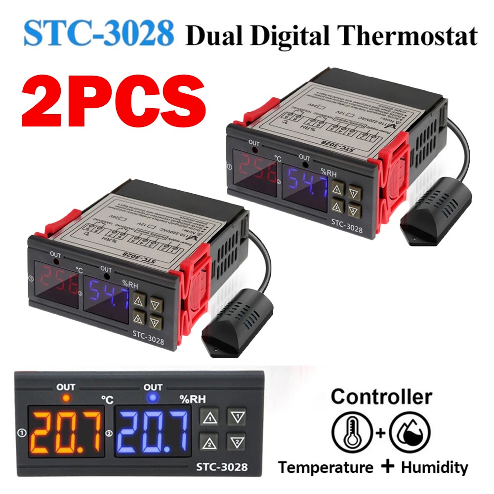2PCS Digital STC-3028 AC110-220V Dual Temperature Humidity Controller Thermostat
