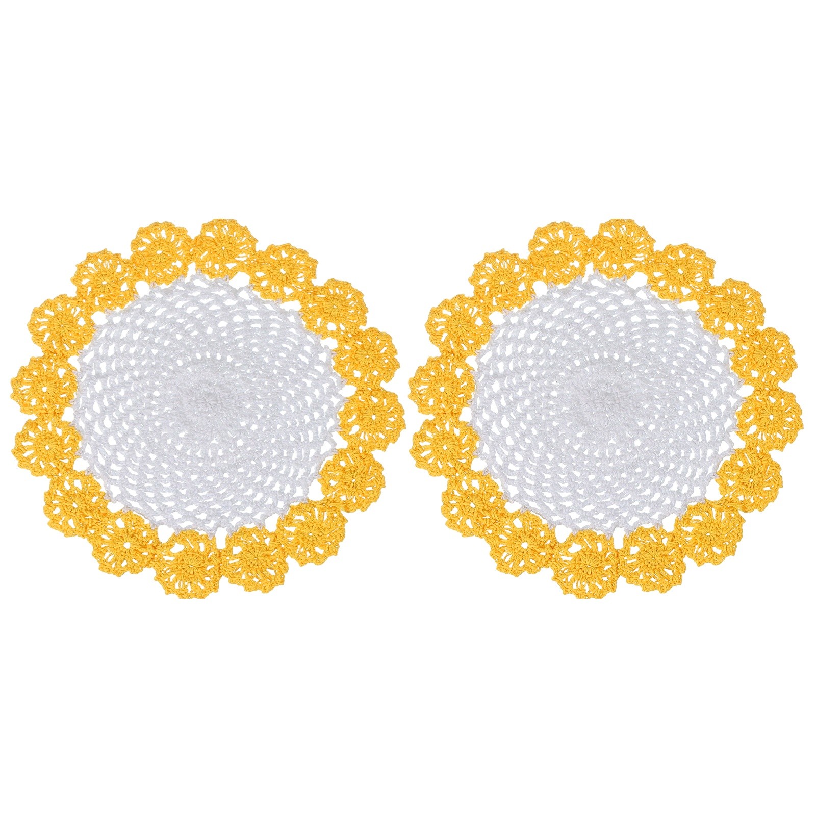 2Pcs Crochet Handmade Doilies 8.2″ Placemats Lace Coasters White, Dark Yellow