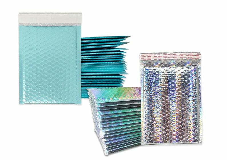 7×11 Holographic, Ice Blue Metallic Bubble Mailers, Padded Self Sealing Envelope