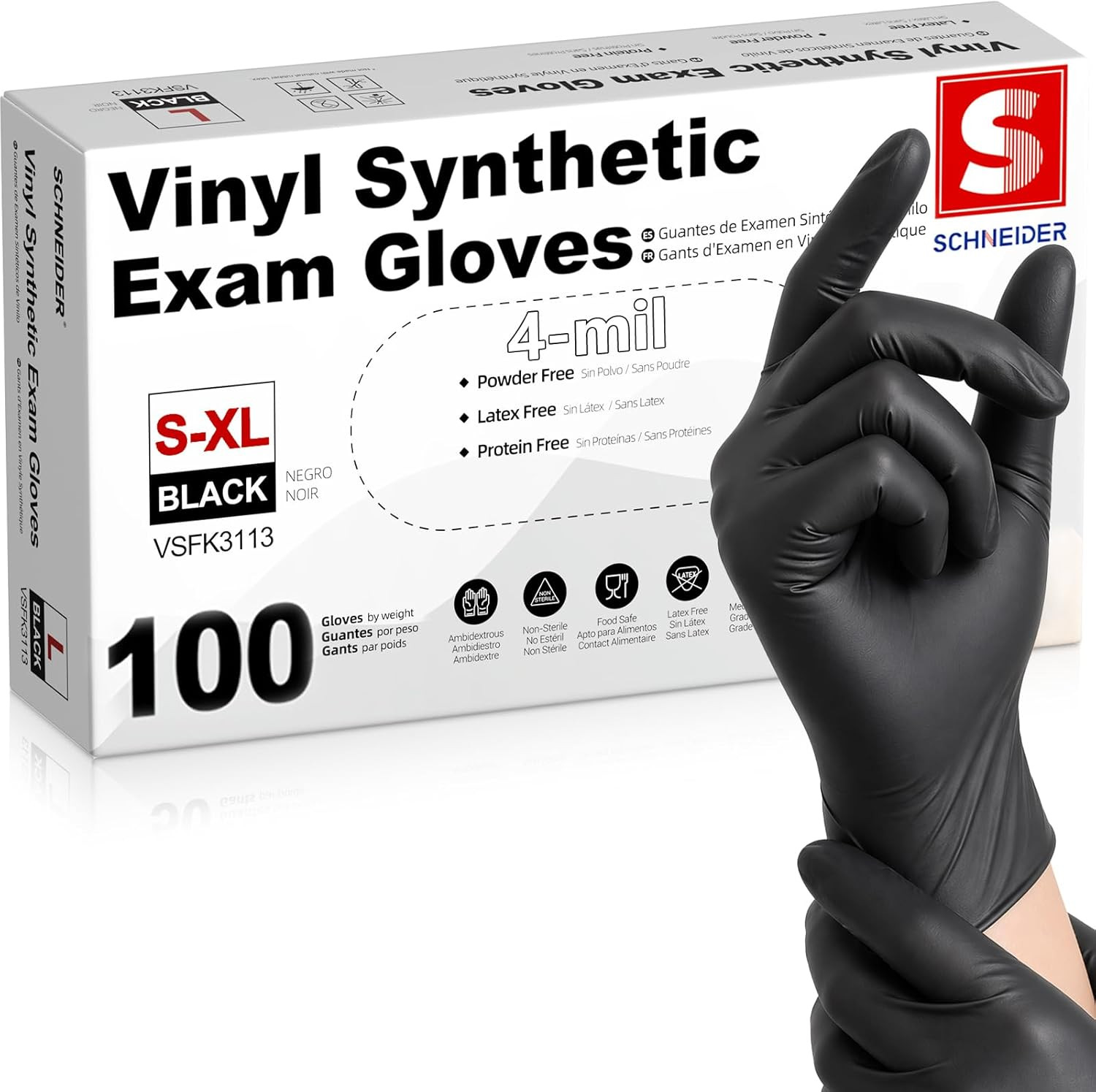 Schneider Vinyl Synthetic Exam Gloves, 4 Mil, Latex Free Disposable Gloves for M