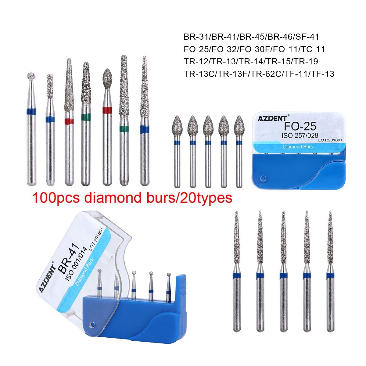 100Pcs 20Types Dental Diamond Burs for High Speed Handpiece Medium Friction Grip