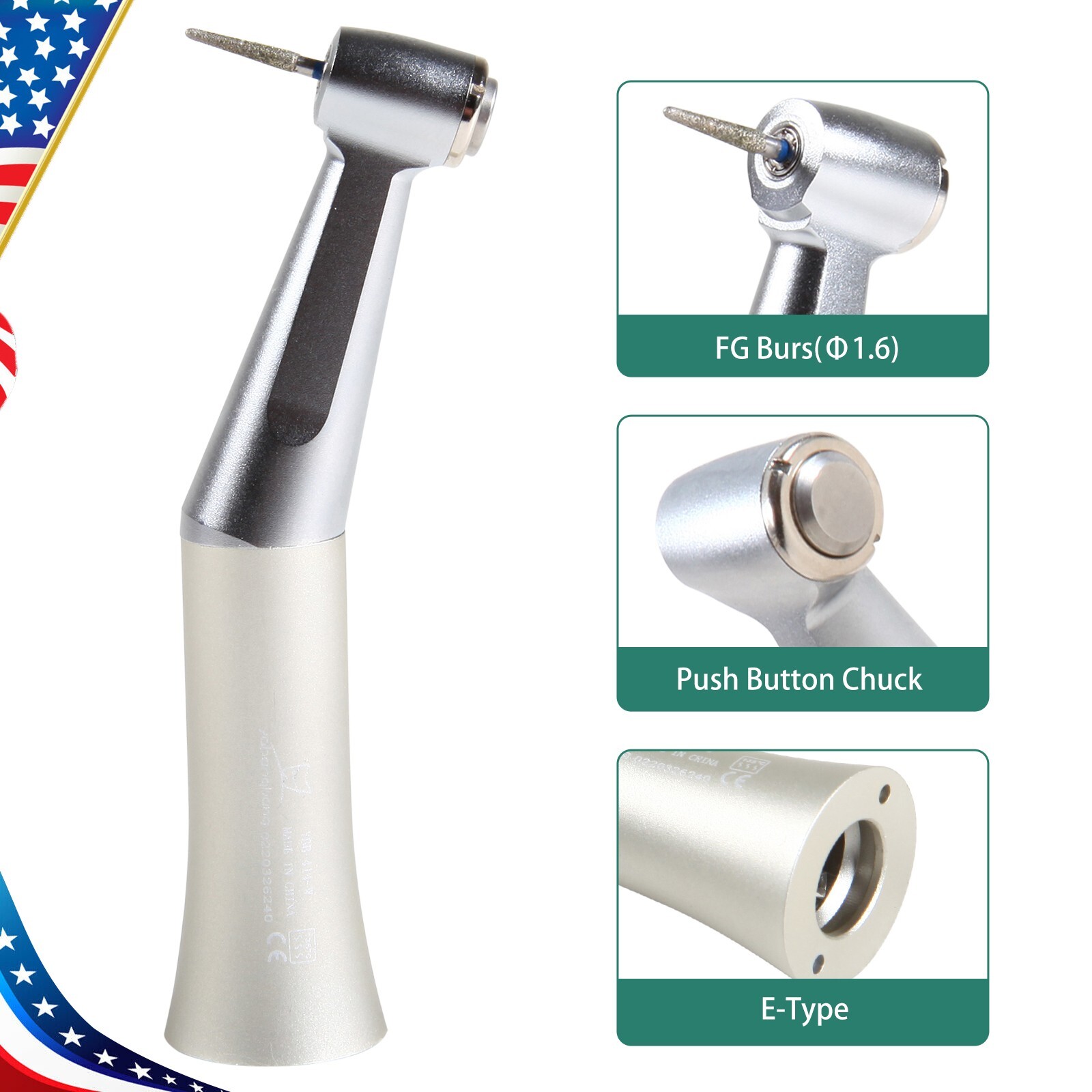 Dental Low Speed Handpiece Push Button Fit FG 1.6mm Burs Contra Angle