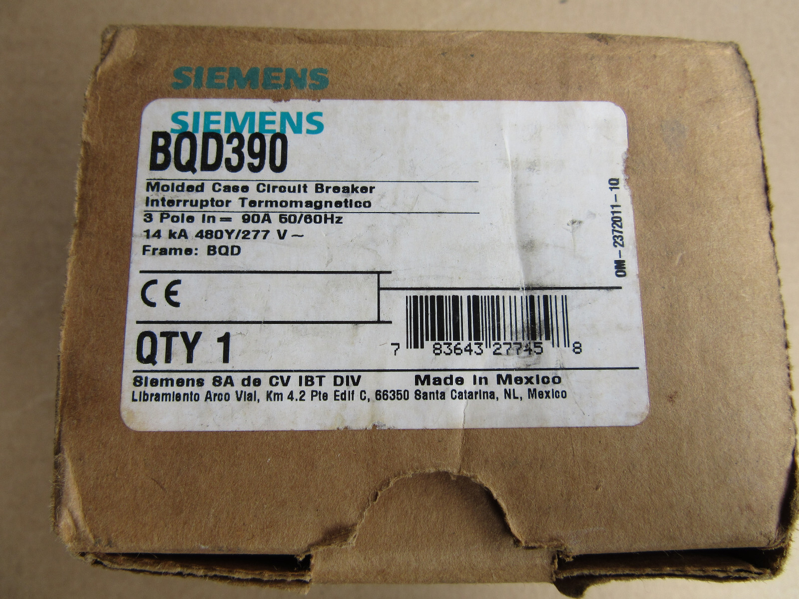 Siemens BQD390 Circuit Breaker 3P 90A 480V/277V New in Factory Box