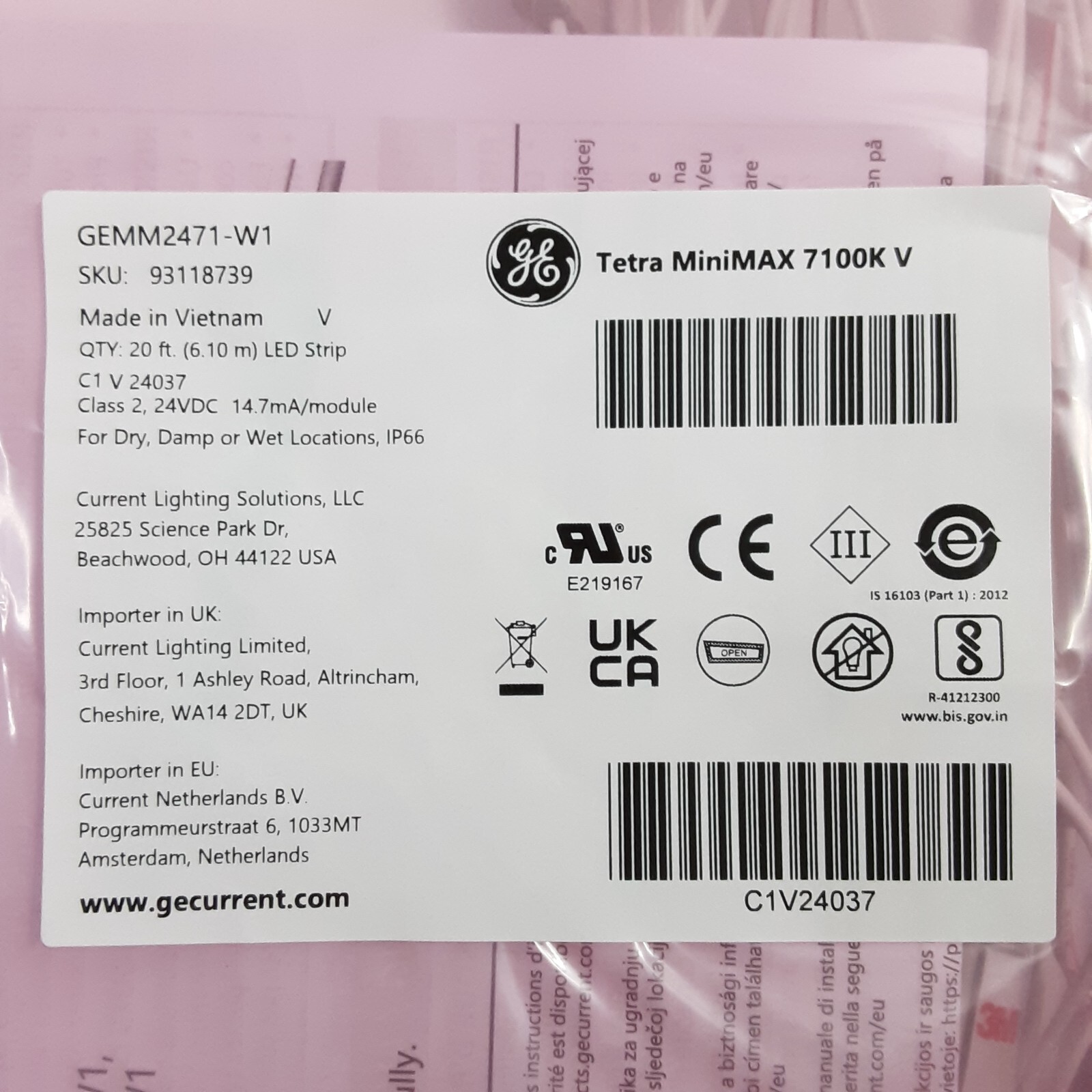 New, 20’ Deep White GENERAL ELECTRIC Tetra MiniMAX 7100K V LED Strip