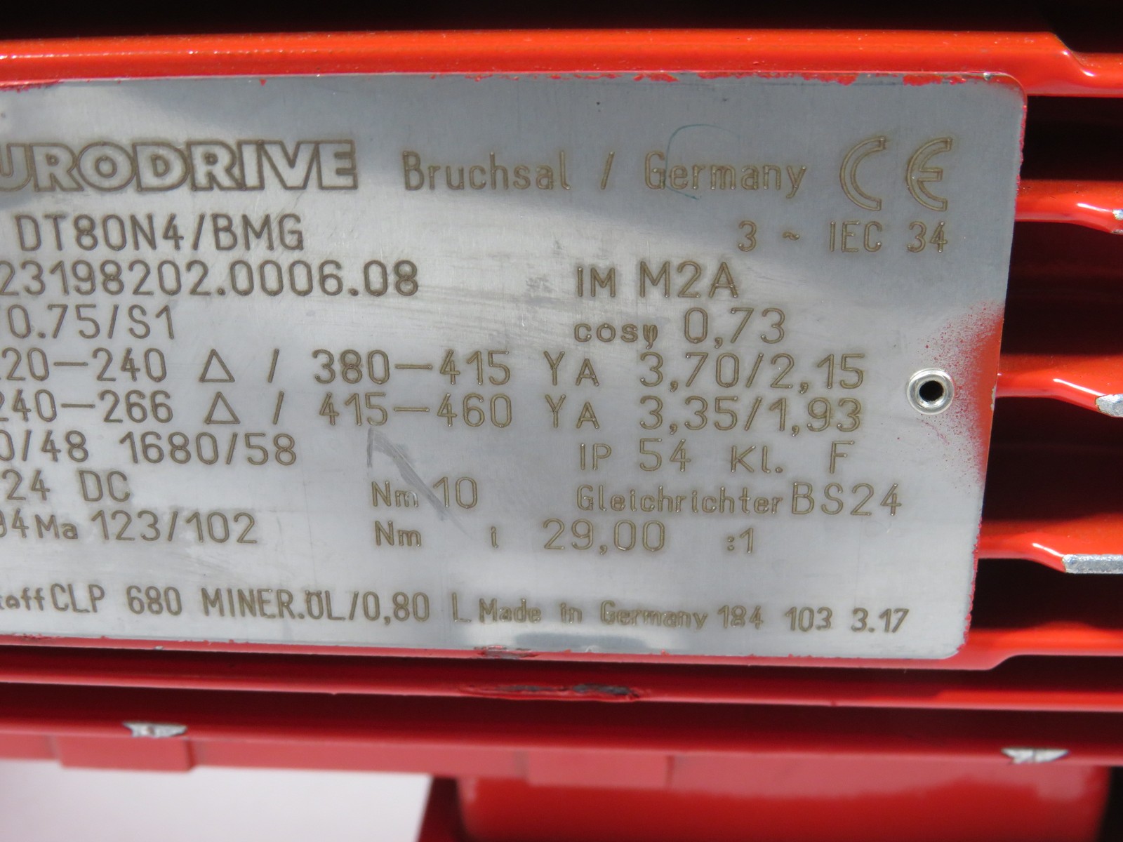 SEW-Eurodrive AC Gearmotor 29:1 10Nm 0.75kW 1380/1680RPM 380-415V 3Ph USED