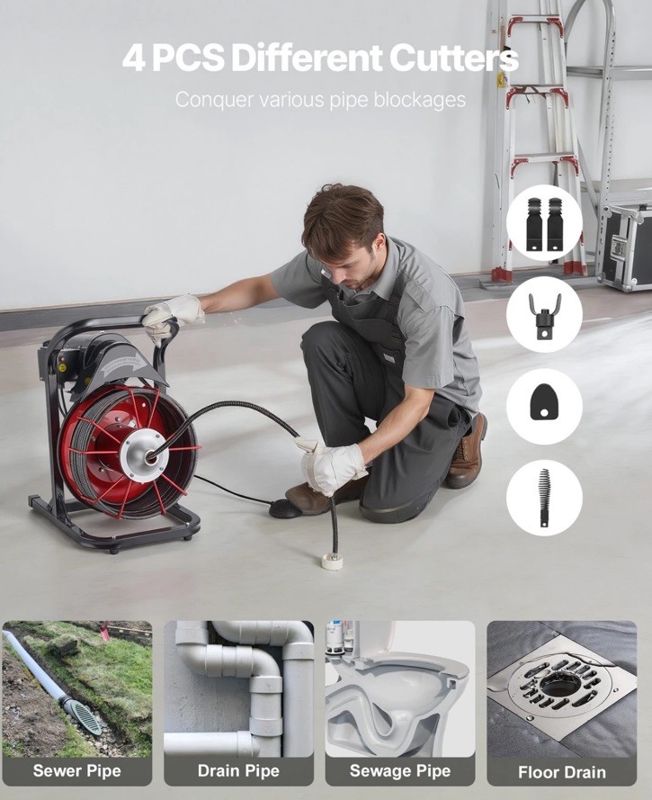 VEVOR Drain Cleaner Machine Drain Auger 75FT x 1/2 Inch Manual Feed & 4 Cutters
