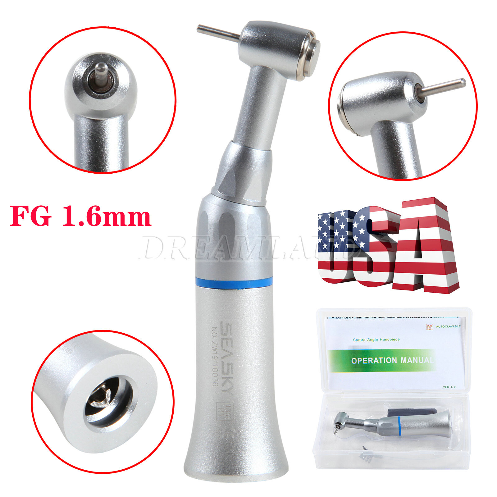 NSK Style Dental Slow Low Speed FG 1.6mm Burs Contra Angle Handpiece Push Head